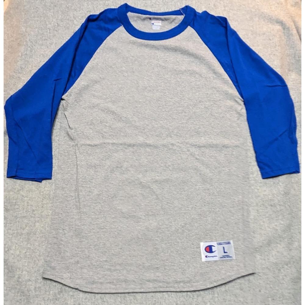 Champion Authentic 3/4 Length Sleeve Athletic Tee Shirt Mens Large Blue and Gray